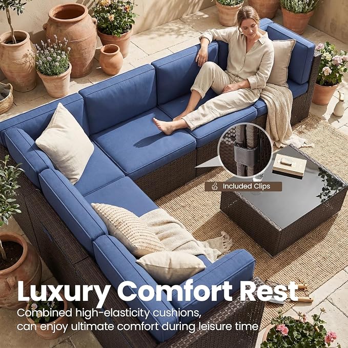 10 Pieces Patio Furniture Set with 44" Propane Gas Fire Pit Table, Outdoor Sectional Brown Rattan Wicker Conversation Sofa Sets with Coffee Table