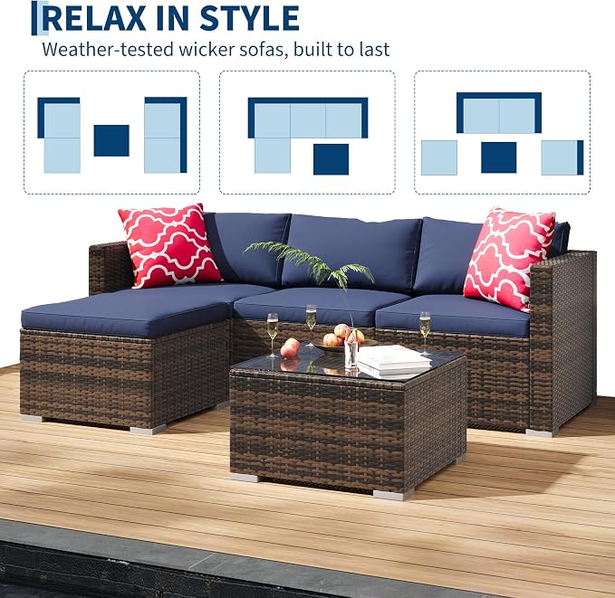 PeakPursuit Outdoor Patio Furniture Set, 5 Pieces Rattan Patio Conversation Sets with Glass Coffee Table and Cushion,All Weather Outdoor Patio Sofa for Garden, Poolside, Backyard,Blue