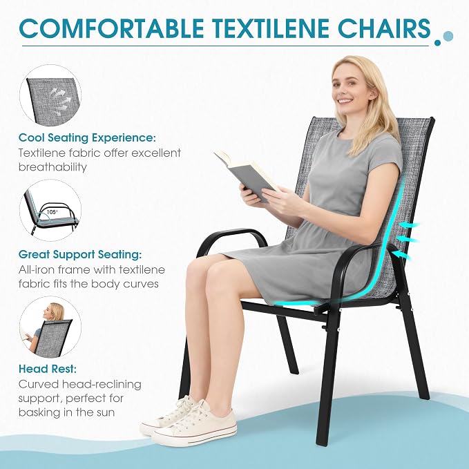 24.4" Wide Outdoor Stackable Chairs Set of 6, Stacking Patio Chairs with Textilene Fabric, Outside Furniture for Garden Backyard Balconie Poolside Deck, Grey