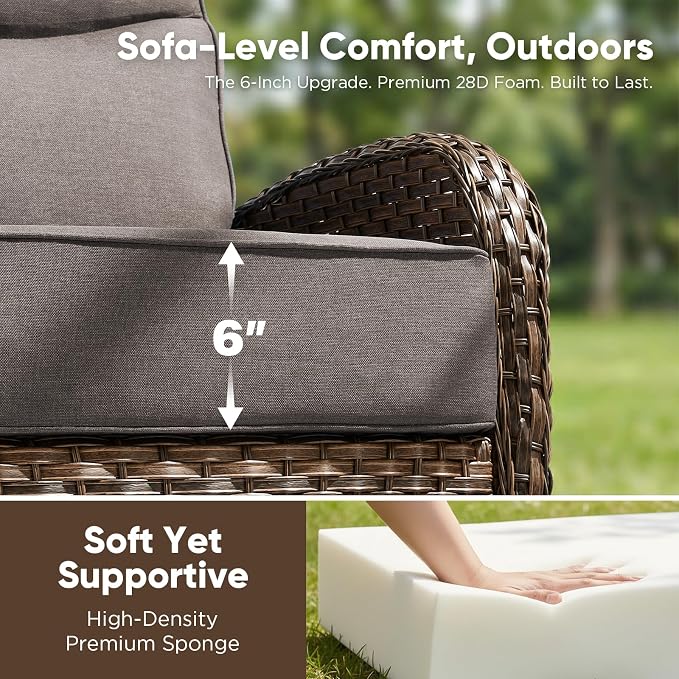 HUMMUH Outdoor Couch with 6-inch Thick Cushion, Luxury High Back Patio Furniture Set -Patio Sofa with Ottomans,3PCS Wicker Conversation Set for Deck Yard and Porch