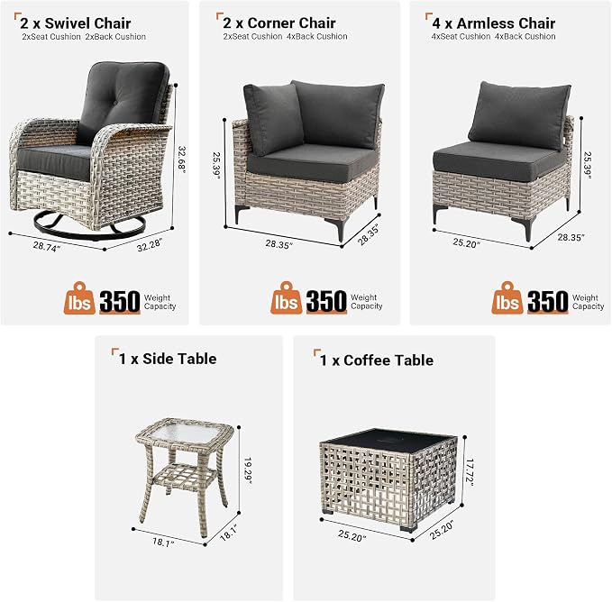10 Pieces Wicker Patio Furniture Set,Outdoor Sectional Sofa with Swivel Chairs Coffee Table,Outside Deep Seat Rattan Couch Conversation Set,Black