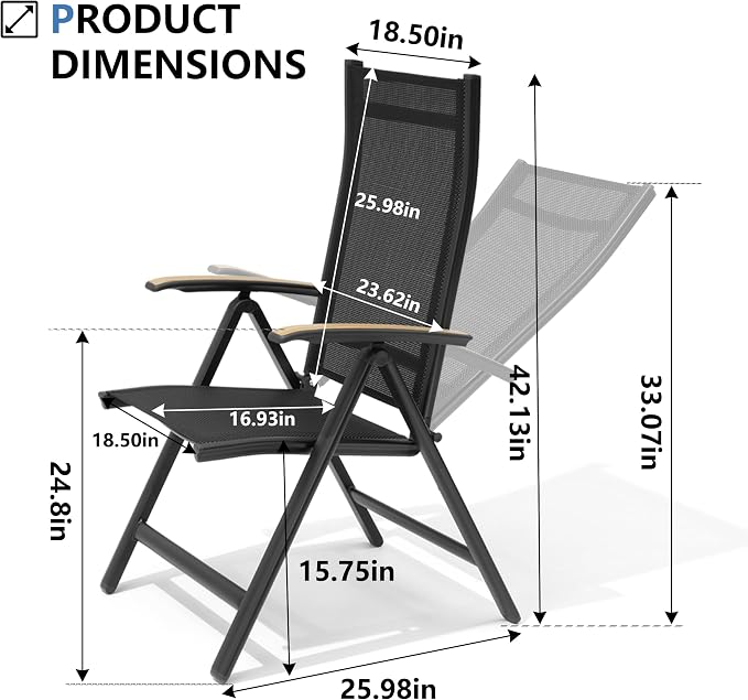Pellebant 2 Pieces Aluminum Outdoor Dining Chair, Patio Foldable Adjustable Backrest Armchairs, Weather Resistant Outdoor Furniture Set for Deck, Porch & Backyard
