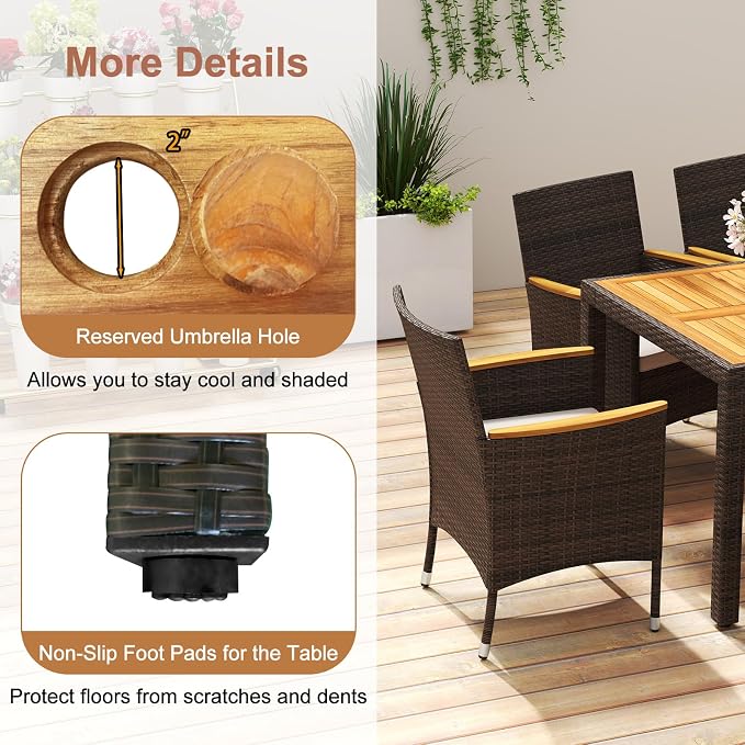 COSTWAY 9-Piece Patio Dining Set for 8, Outdoor Rattan Wicker Table and Chairs Furniture Set with Umbrella Hole, Acacia Wood Tabletop for Backyard, Balcony, Poolside, Brown & Beige
