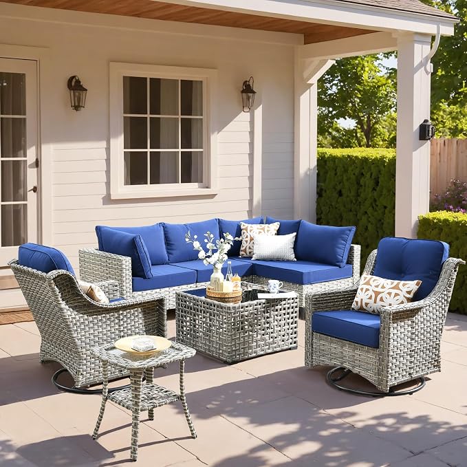 HOOOWOOO Outdoor Patio Furniture Set,8 Pieces Wicker Out Door Sectional Furniture L Shaped Couch,Patio Conversation Sets with Swivel Rocking Chair LED Table,Navy Blue