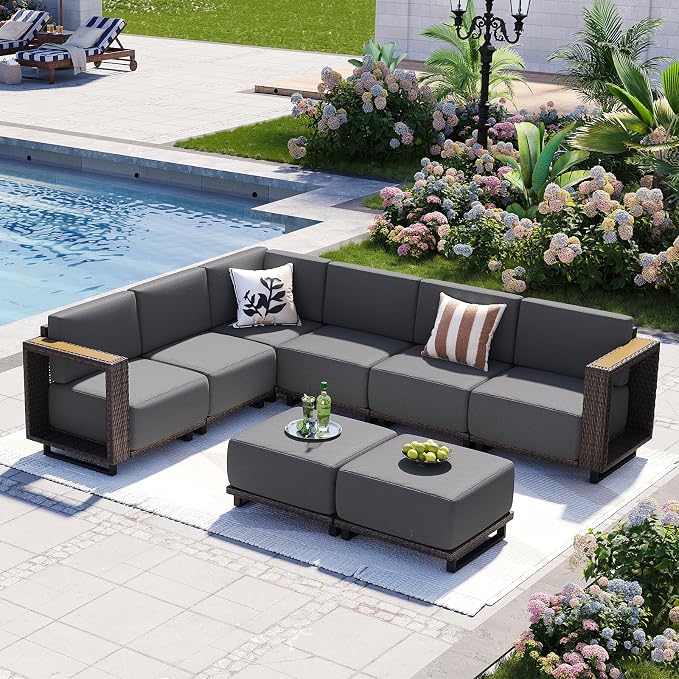 Aoxun Patio Furniture Set, 8 Piece Outdoor Wicker Sectional Sofa Set, All-Weather Rattan with 10'' Ultra-Thick Cushions, Outdoor Conversation Set for Backyard, Poolside and Garden, Brown/Dark Gray