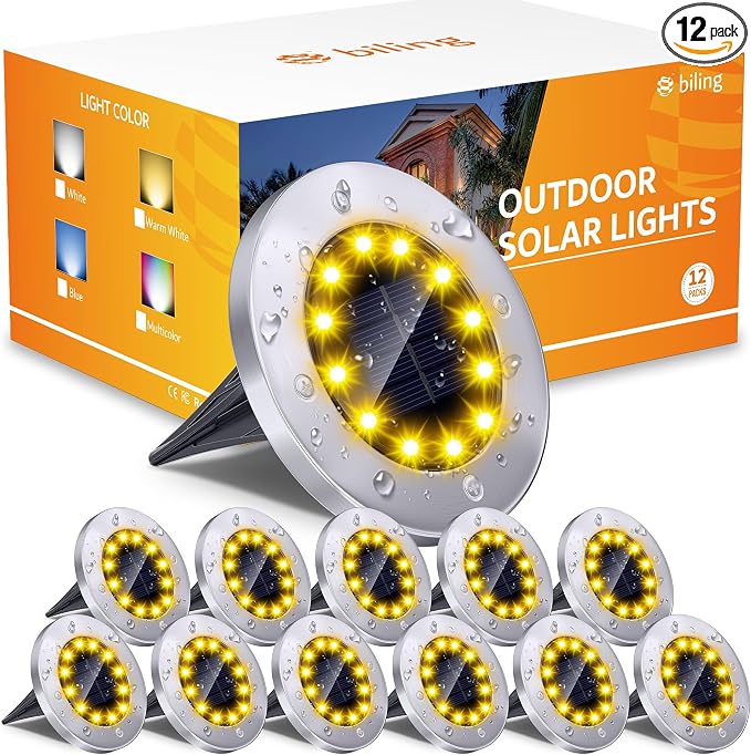 Biling Solar Ground Lights Outdoor Bright Waterproof 12 Pack Warm White | Flat 12 LEDs Solar Lights Outdoor Longevity, Easy To Assemble and Use, for Yard Walkway Garden Driveway