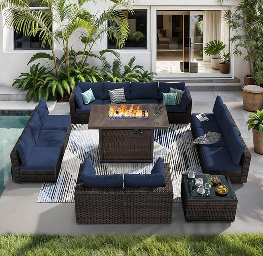 14 Piece Patio Furniture Set with Fire Pit Table All Weather PE Rattan Outdoor Sectional Sofa Couch with No-Slip Cushions and Glass Top Table for Garden, Poolside, Backyard (Blue)