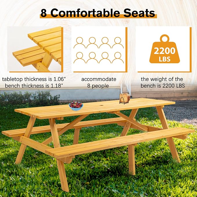 Outdoor Wooden Picnic Table with Benches Camping Dining Table for Garden Patio Backyard,Natural Color (Natural, Rectangle)