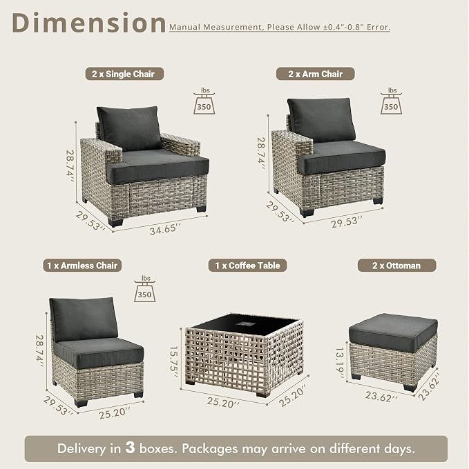 Weaxty 8 Pieces Outdoor Furniture Set, Patio Sectional Sofa Wide Seats Couch Chair with Ottoman Solar Table, Thick Cushion All-Weather Rattan Patio Conversation Sets for Backyard Porch Deck, Black