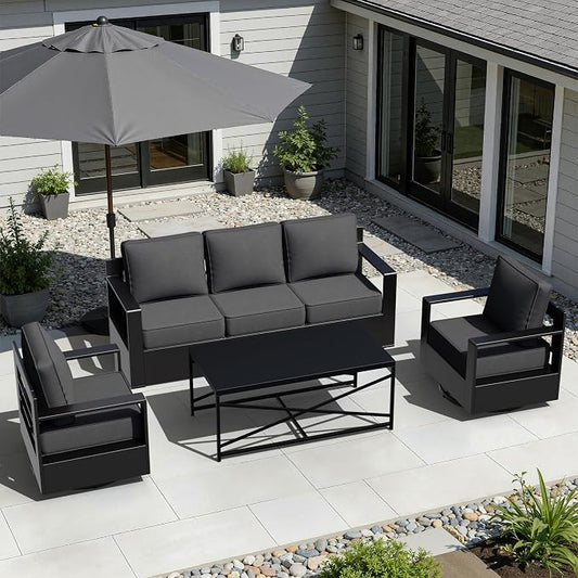 Outdoor Aluminum Furniture Set, 4-Piece Patio Conversation Set, 2 Swivel Chairs, 1 Sofa and 1 Table, All-Weather Metal Frame, 6" Thick Removable Cushions, Deep Setting for Garden, Poolside and Porch