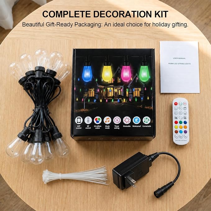 Outdoor String Lights 100FT, RGBW Clear ST14 Bulbs with App Control | 40 ST14 clear bulbs from 2×50FT connected strands with app control, remote control, music mode, timer for large spaces