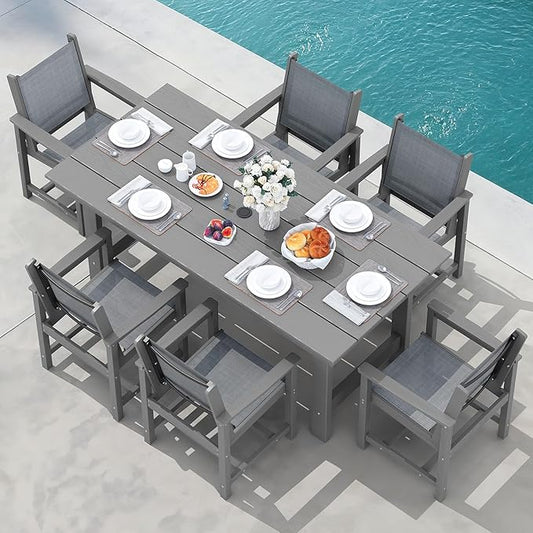 SERWALL 7 Pcs HDPE Patio Dining Set with 1 Table & 6 Woven Chairs, Black | HDPE Outdoor Dining Set with Rectangular Table & 6 Woven Chairs, All-Weather Patio Dining Furniture