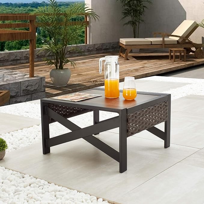 LOKATSE HOME Outdoor Metal Patio Bistro Coffee End X Shaped Steel Legs, Wicker Rattan Around, Side Table, Brown