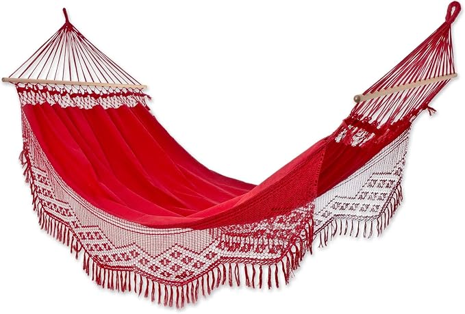 NOVICA Bright Red Cotton Fabric 1 Person Brazilian Hammock with Spreader Bars and Crochet Fringe, 'Tropical Red' (Single)