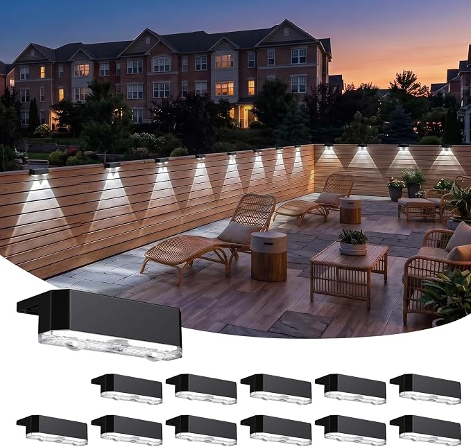 12 Pack Solar Fence Lights Outdoor, Deck Light Solar Powered, IP65 Waterproof Led Riling Solar Lights for Outside Step Yard, Cool White