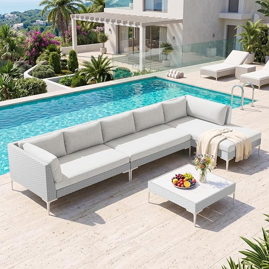 K Knowbody Patio Sectional Furniture Set, 4 Pieces All-Weather Rattan Modular Sofa, Deep Seating Outdoor Sectional Set with 9.4" Thick Back Cushions & Coffee Table, Low Profile, White&Gray