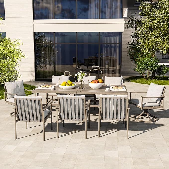 HAPPATIO 9-Piece Patio Table and Chairs Set for 8, Aluminum Outdoor Dining Set with Cushions, 6 Dining Chairs and 2 Swivel Chairs, 1 Large Rectangular Table with Umbrella Hole, Grey