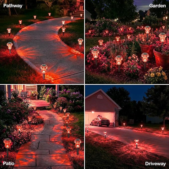 Solar Halloween Lights Outdoor 8 Pack Red Garden Mushroom Decor | LED Waterproof Halloween Decorations Outdoor for Pathway Yard Outside Driveway Walkway Landscape Path Lighting, Auto On/Off