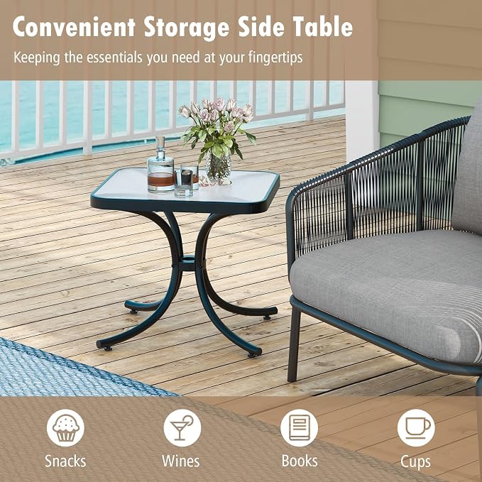 HAPPYGRILL Outdoor Side Table Set of 2, Square Patio End Table with Tempered Glass Top, 20" Bistro Table with Metal Frame, Small Compact Coffee Table for Garden Backyard Poolside