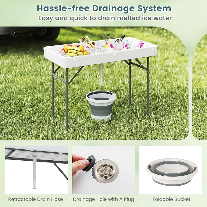 4 Foot Folding Ice Cooler Table, Portable Ice Tables for Parties with Drain, Detachable Matching Skirt & Foldable Bucket, Fill and Chill Table for Party, Picnic, Camping, Wedding, White