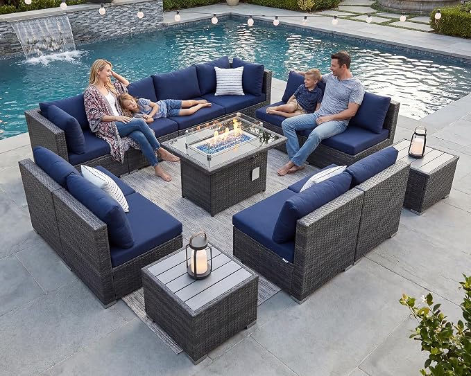 NICESOUL 13 Piece Outdoor Sectional Furniture with Firepit, Contemporary Back Yard Fireplace w/Seating Area, Plus Size 29.3'' High Back Patio Set, All-Weather Wicker Couch for Exterior, Gray & Blue