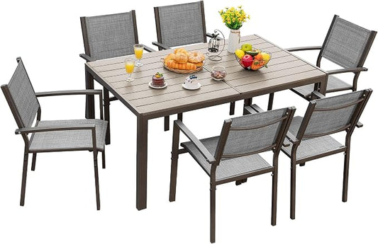 Flamaker Patio Dining Set 7 Piece Metal Frame Outdoor Furniture with 6 Textilene Chairs and Rectangular Table Family Kitchen Conversation Set for Backyard, Lawn (Grey)