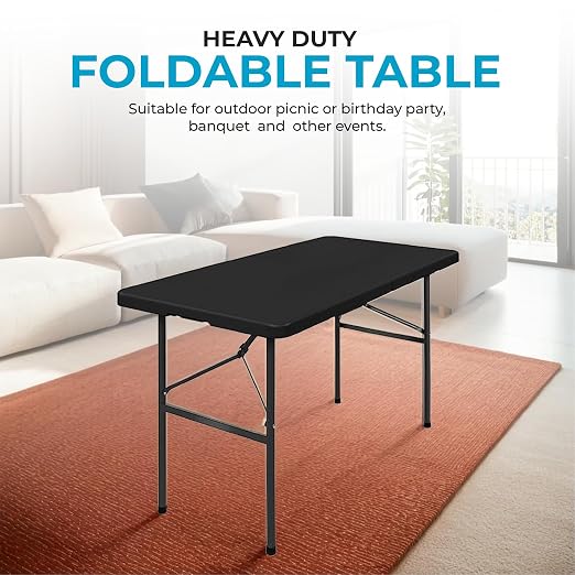 Simpli-Magic 4ft Portable Plastic Folding Table – Indoor & Outdoor Heavy-Duty Foldable Utility Table w/Handle for Party & Camping (Black)