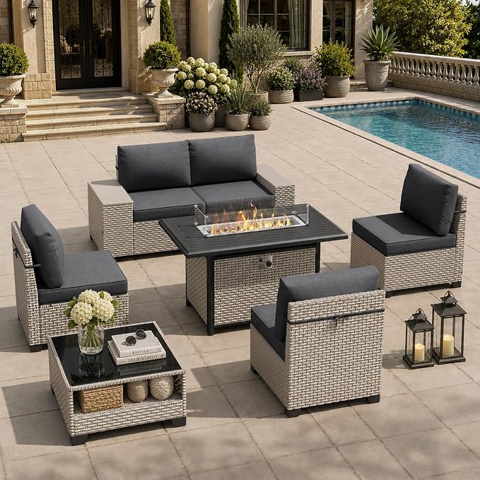 7-Piece Outdoor Patio Furniture Set with Fire Pit, Modular Sectional Sofa Set with Glass Coffee Table and Cushions, Wicker Outdoor Couch Conversation Sets, Black