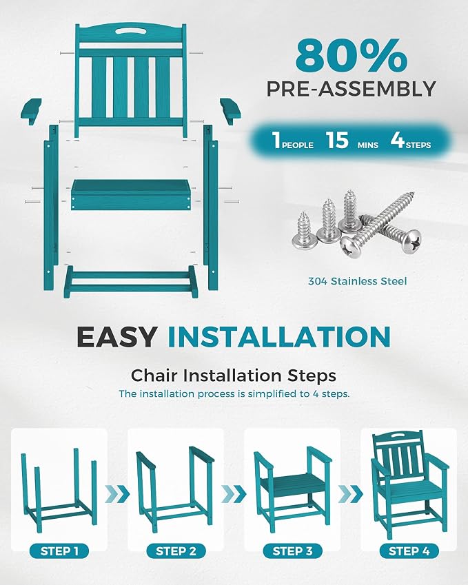 Ciokea HDPE Outdoor Patio Dining Chairs Set of 2, All-Weather Porch Chair with Wide Seat, Durable Outdoor Furniture for Backyard, Garden, Lawn & Poolside, Lake Blue