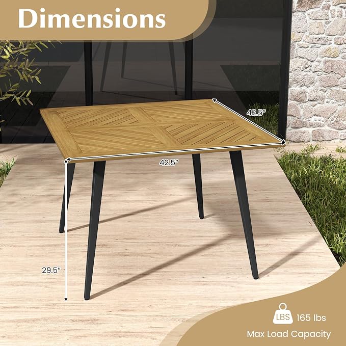 Tangkula 42.5" Acacia Wood Outdoor Dining Table for 4, Patio Table with 1.9" Umbrella Hole, Metal Legs & Adjustable Foot Pads, 4-Person Outside Table for Garden, Poolside & Backyard