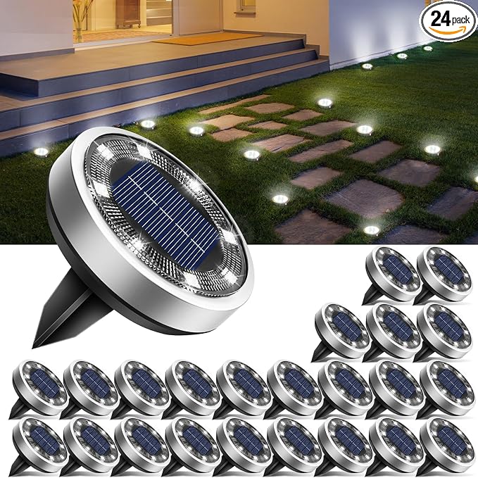 btfarm 24 Pack Solar Lights Outdoor, 8 LED Solar Ground Lights IP65 Waterproof Flat Solar Disc Light, Pathway Lights for Garden Lawn Patio Yard Path Landscape, Cool White