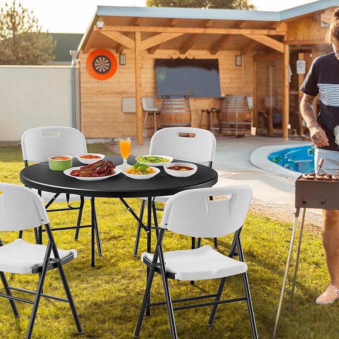 VINGLI Black 48" Round Bi-Folding Commercial Table, 4 Feet Portable Plastic Dining Card Table for Kitchen or Outdoor Party Wedding Event, 5-Pack