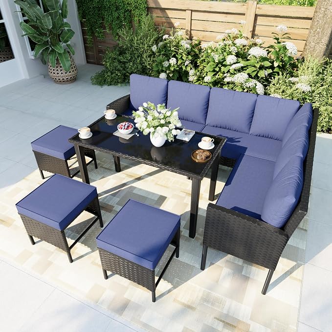 7 Pieces Outdoor Dining Set, Wicker Conversation Patio Furniture with Glass Table, L-Shaped PE Rattan Sectional Sofa Seating with Ottomans for Outside, Backyard, Balcony, Garden, Blue Cushions