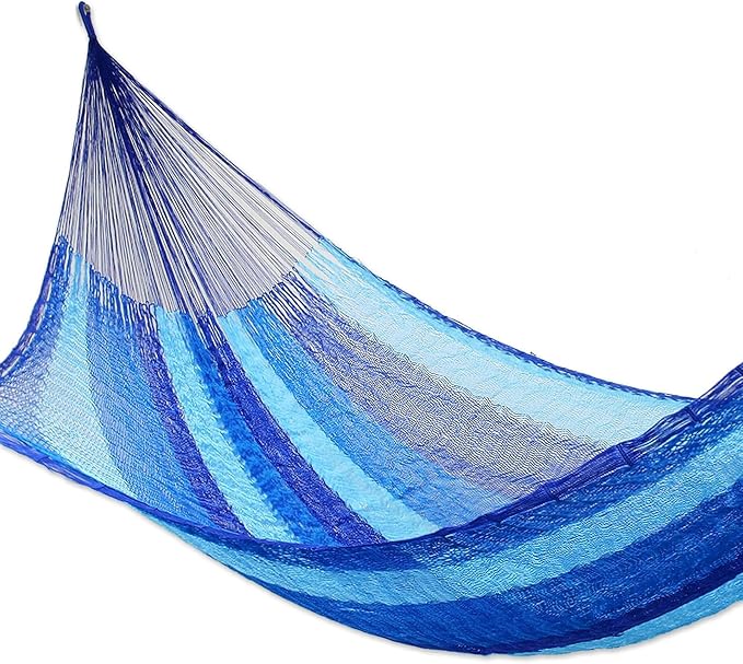 NOVICA Multicolor Sky Blue Striped Hand Woven Nylon Mayan 1 Person Rope Hammock, 'Blue Caribbean' (Single)