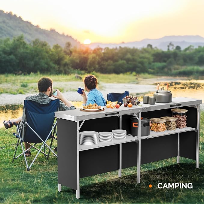 VINGLI 43" Portable Bar Table, 3-Tier Shelves, Carry Bag，Mobile Bar Table for Events, Party, Camping, Picnic, Tradeshow, Outdoor & Indoor with Black Skirt(2, 43") (2) (White, 78")