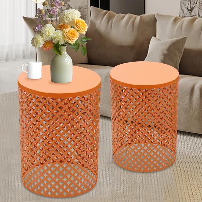 Metal Frame Accent Table,Cylindrical Outdoor Side Table,Decorative Garden Stool,Set of 2 Nesting Side Table,Modern Decorative Garden Stool for Patio Balconies Cafes Parks (2, Orange)