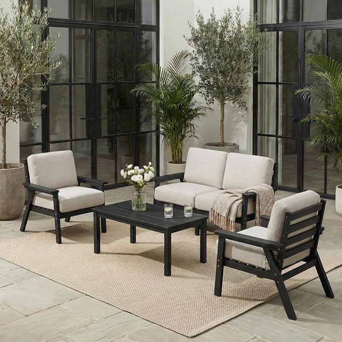 HDPE 5 Piece Patio Furniture Set, Outdoor Couch with Washable Thick Beige Cushions & Coffee Table, Outdoor Sectional Furniture for Backyard, Deck, Lawn, Porch (Black Frame)