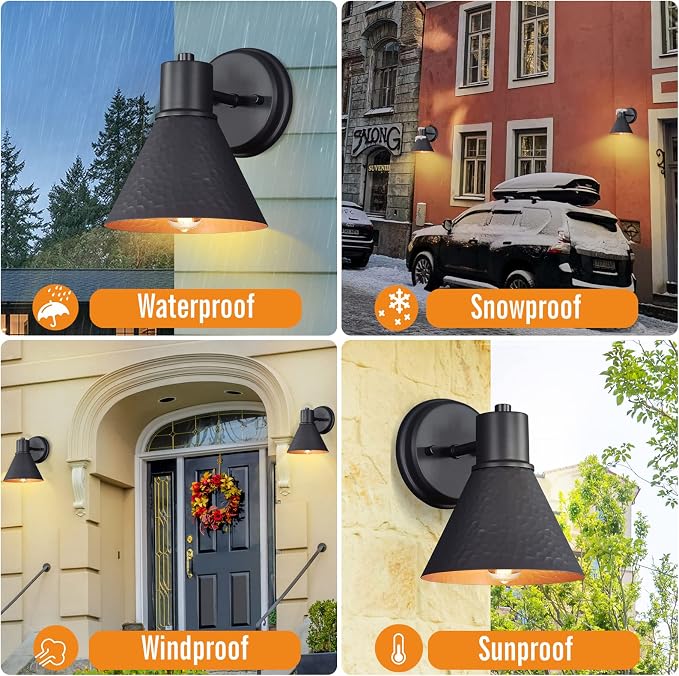 2 Pack Outdoor Wall Sconces - Wall Lights Fixture Exterior Farmhouse Porch Light with Hammered Metal Shade, Anti-Rust Waterproof Black Outside Barn Light for Front Porch Patio Garage Gazebo House