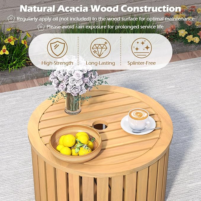 HAPPYGRILL Outdoor Side Table with Umbrella Hole, Acacia Wood End Table with Storage, Removable Base, Patio Storage Box for Backyard, Balcony, Poolside (Round)