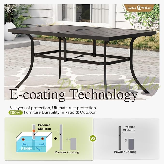 Sophia & William Outdoor Patio Table for 6 People, Rectangular Metal Patio Outdoor Dining Table, Black Steel Slatted Weather-Resistant Table with 1.57" Adjustable Umbrella Hole, L59 * W36 * H28