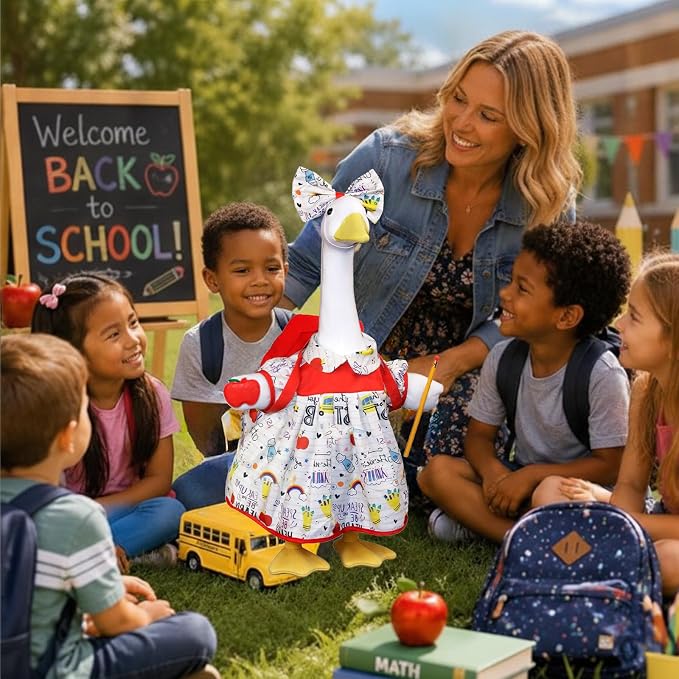 Back to School Porch Goose Outfit, Student Goose Outfit with Red School Bag Pencil Apple and Bow Headband for Home School Classroom 23 Inch Goose Statue Lawn Patio Yard Garden Decor
