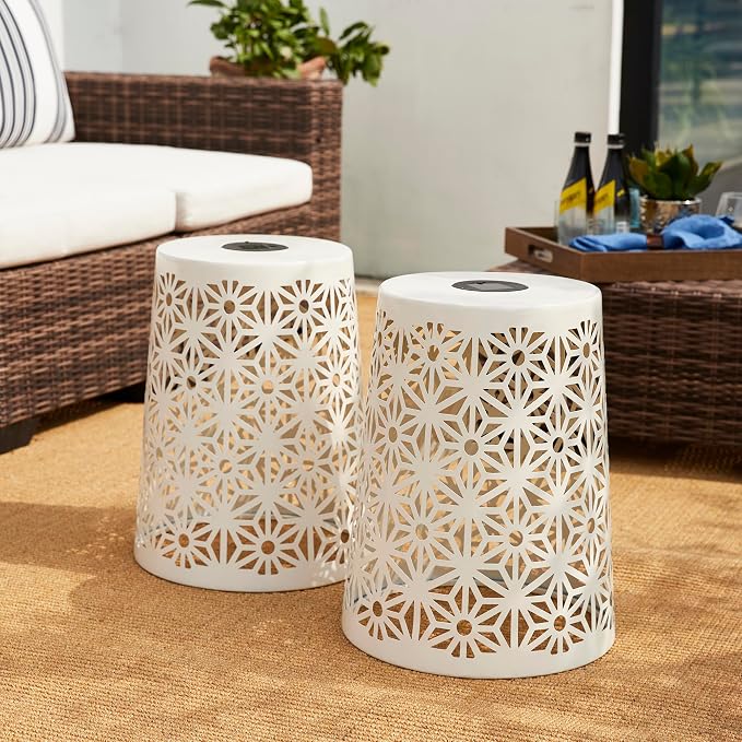 Glitzhome Set of 2 Outdoor Side Table, Iron Cutout Geometric Pattern Solar Powdered Garden Stool, Planter Stand and Solar Lantern for Garden Patio Party Yard Outdoor Indoor Decoration, White