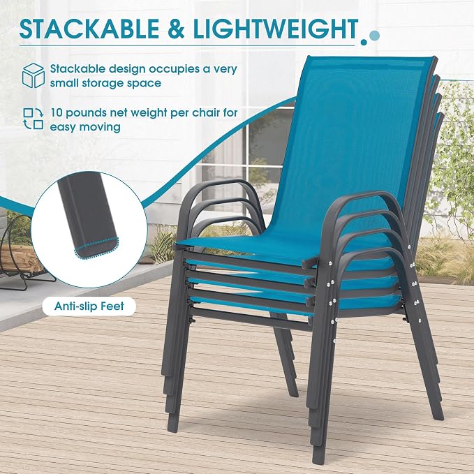 24.4" Wide Outdoor Stackable Chairs Set of 4, Stacking Patio Chairs with Textilene Fabric, Outside Furniture for Garden Backyard Balconie Poolside Deck, Blue