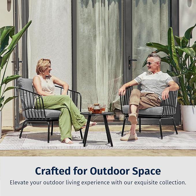 East Oak 3-Piece Plaza Patio Furniture Set, Outdoor Furniture with Thick Cushion Sofa and Coffee Table, Outdoor Bistro Set for 2, Modern Patio Conversation Set for Balcony, Black & Grey
