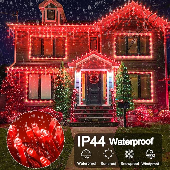 Red Christmas Lights Outdoor, 33ft 400 LED Icicle Lights for Outside | Clear Wire Connectable Twinkle Light with 8 Modes Timer Plug in Waterproof for Window Party Wedding Holiday Decorations
