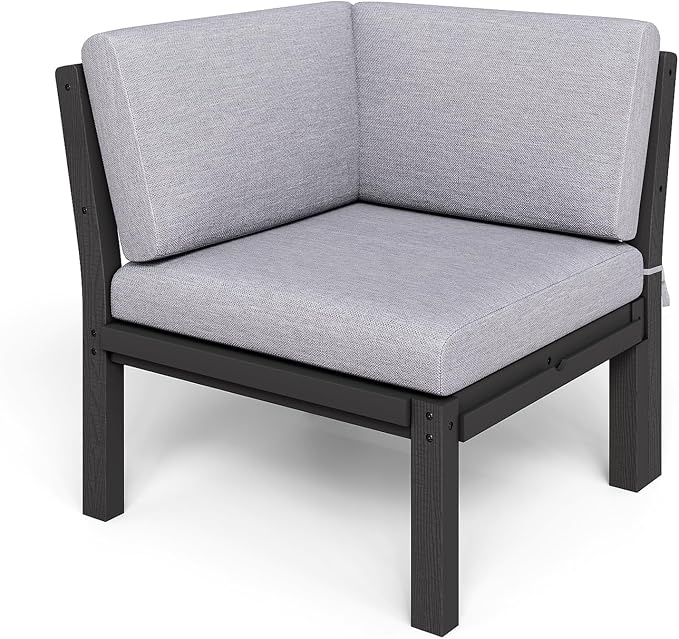 Modular Outdoor Patio Furniture Corner Seat, HIPS All-Weather Outdoor Sectional Sofa with High-Density Thick Cushions, Easy Side Interlock, Patio Seat for Backyard, Balcony, Deck (Black)