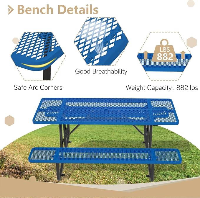 Coated Steel Heavy Duty Picnic Table for Outdoors 2200 lbs Load, Rectangular Camping Table with 1.78" Umbrella Hole, Commercial Picnic Table with Benches, Blue