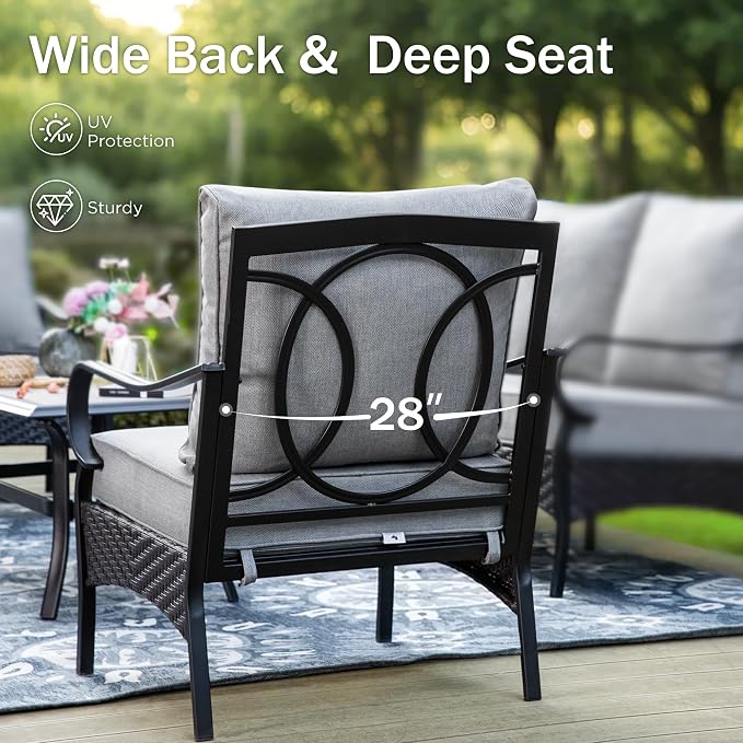 PHI VILLA Outdoor Modern Patio Furniture Set, Upgraded Wicker & Metal Patio Furniture Conversation Set with Waterproof Thick Cushions for Porch, Poolside, Yard (4 Pieces,Grey)