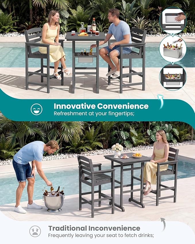 SERWALL Adirondack Bar Chairs and Table 5 Pieces Set with Umbrella, HDPE Bar Height Chairs Set of 2 and Bar Table with Ice Bucket, Outdoor Bar Stools Set for Balcony, Poolside, Backyard, Grey