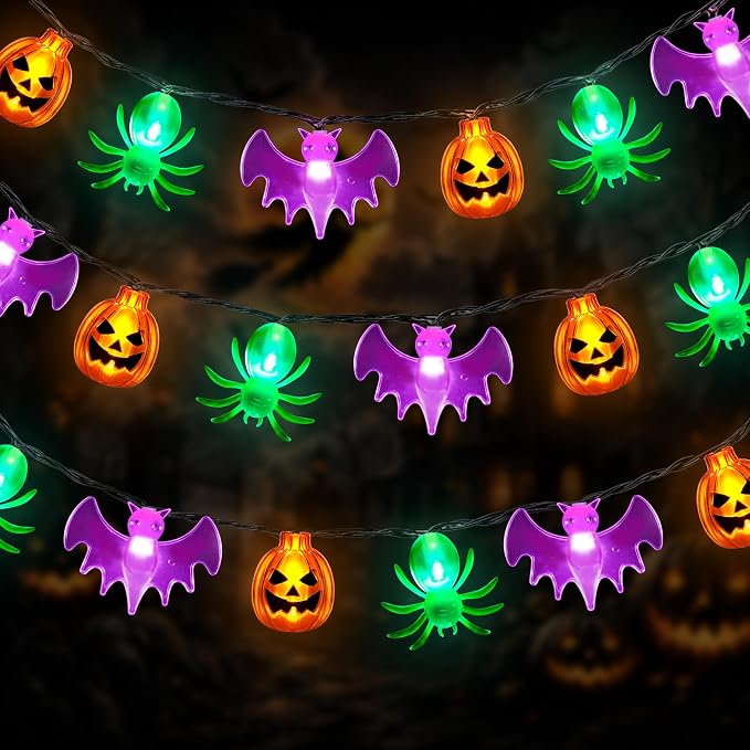 Mosoan [Timer] Halloween Lights 20Ft 30LED Battery Operated String Lights, Pumpkin Spider Bat Halloween Decorations Lights for Indoor Outdoor Party Home Yard Window Decor(Pumpkin Bat Spider)